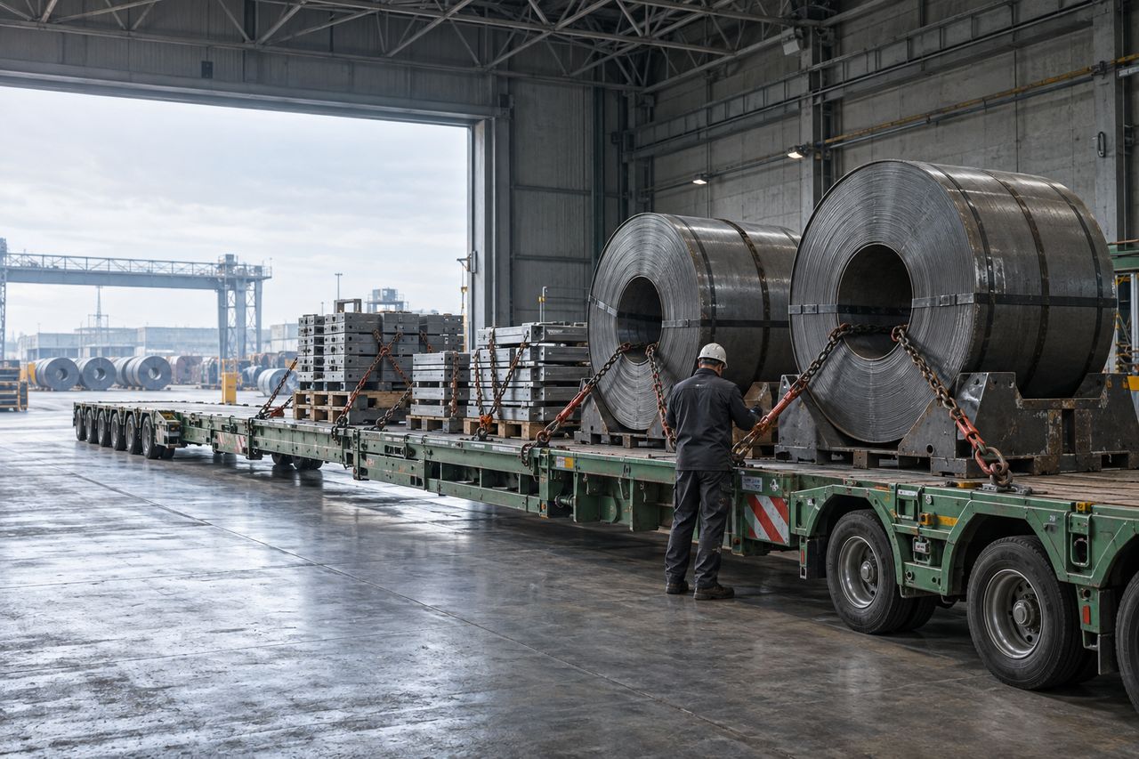 Amarre de carga metálica pesada sobre plataforma de camión en nave industrial asturiana