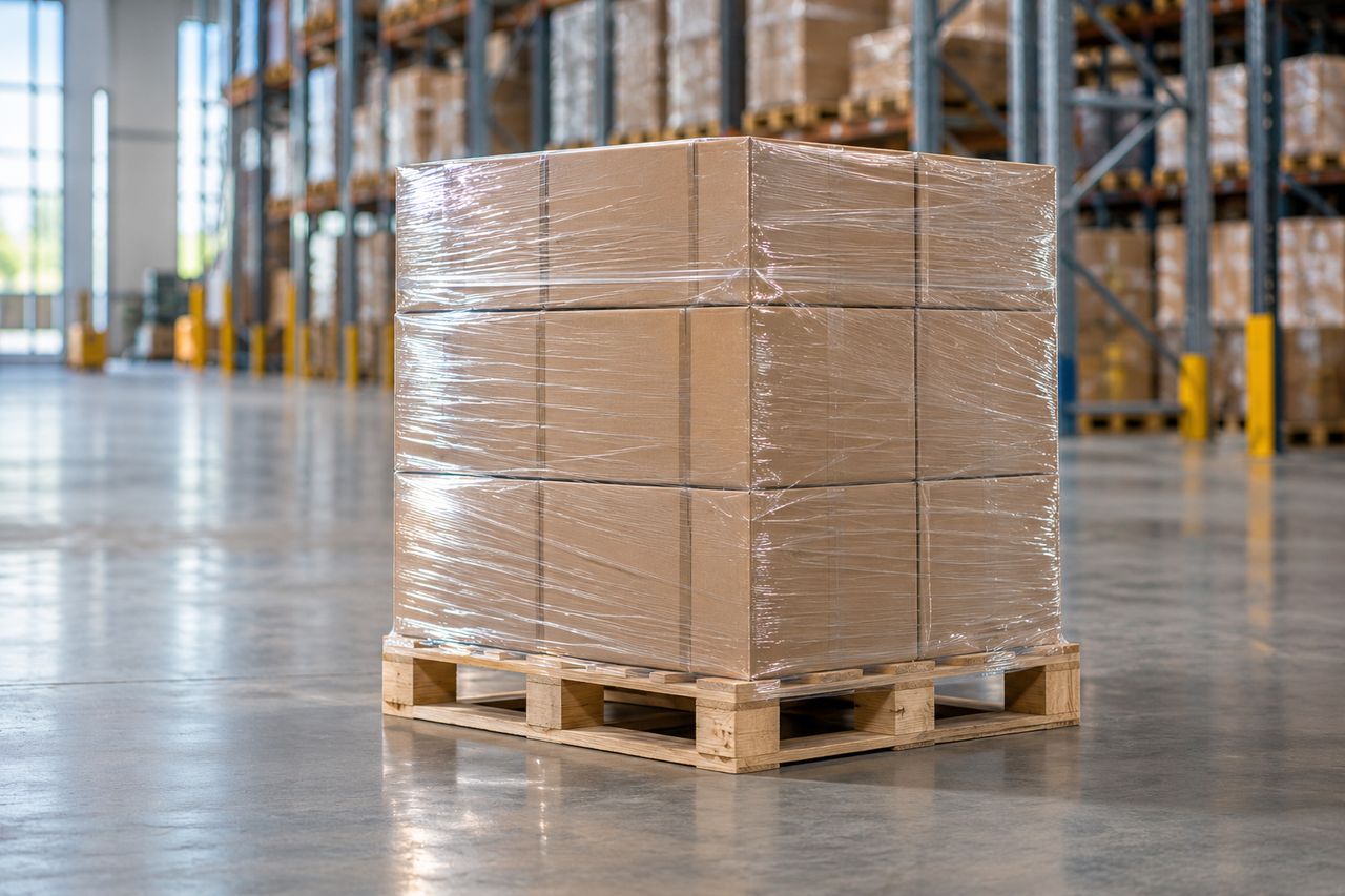 Europalet de madera con cajas retractiladas en un almacén