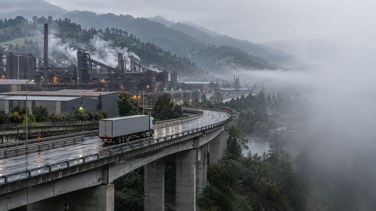 Tráiler en viaducto de autovía sobre valle industrial asturiano